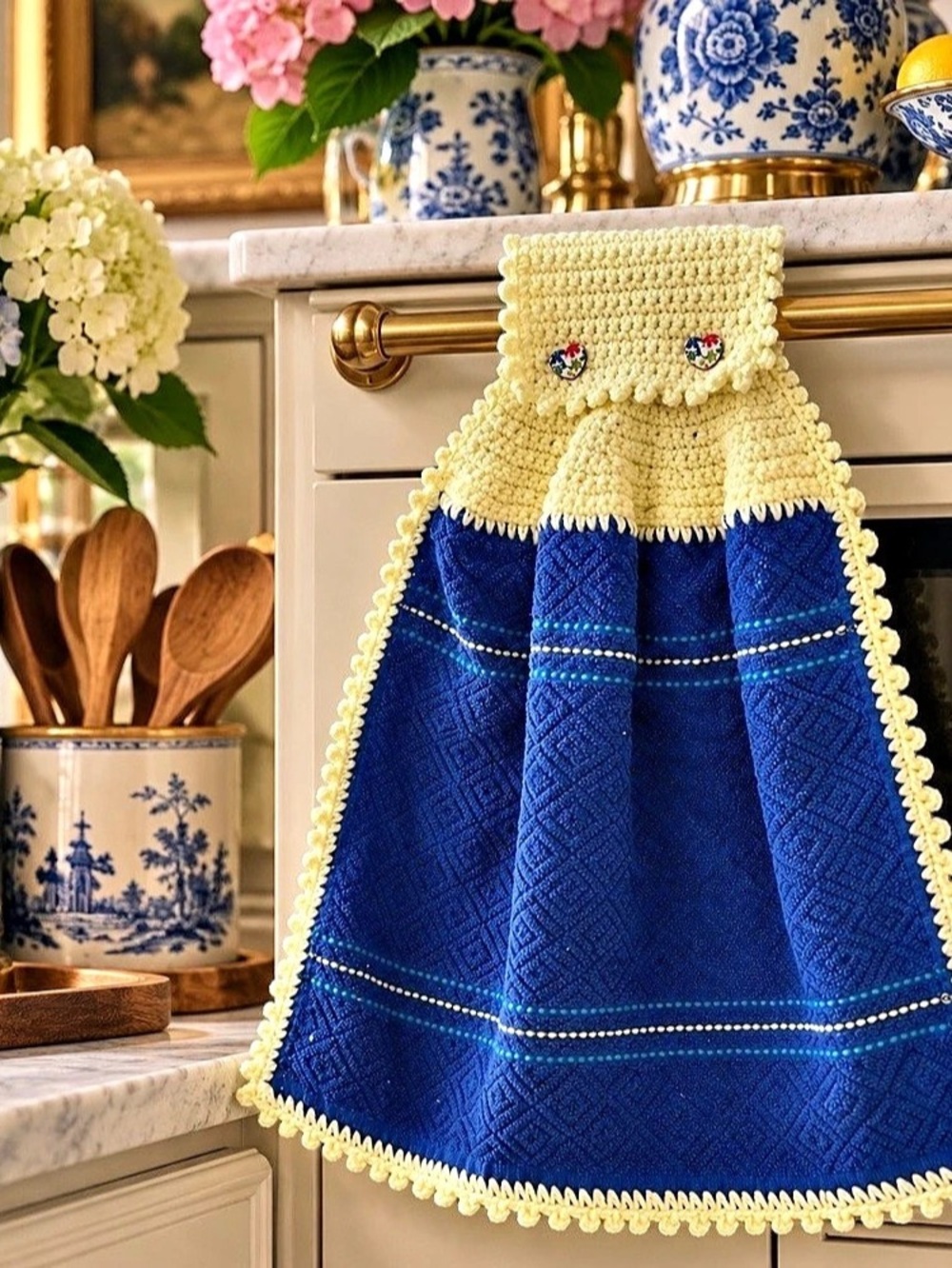 Artisan Handmade Crochet Hanging Kitchen Towel Cobalt Buttercream Floral